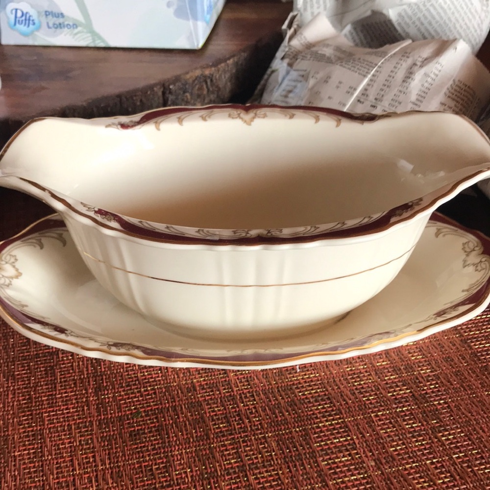 Cream and Brown Serveware Set with Gold Trim